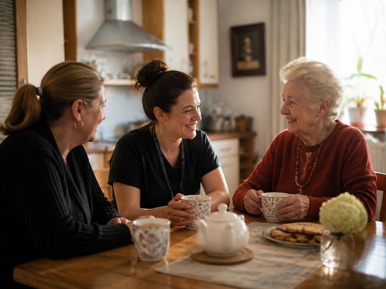 Two Gathercare caregivers sharing tea with a client in a sunlit kitchen